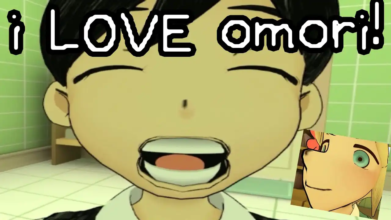Late night VRChat OMORI Shenanigans thumbnail. An extreme closeup of a VRChat model of Sunny from Omori, with text on the top reading 'i LOVE omori!'. A small, oddly-angled picture of Basil is visible in the corner.